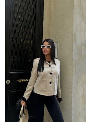 Modavera Süet Crop Ceket Cep Detaylı - Taş