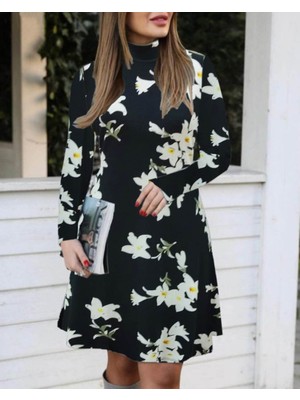 Modavera Kadın Balıkçı Yaka Uzun Kollu Çiçek Desenli Krep Elbise