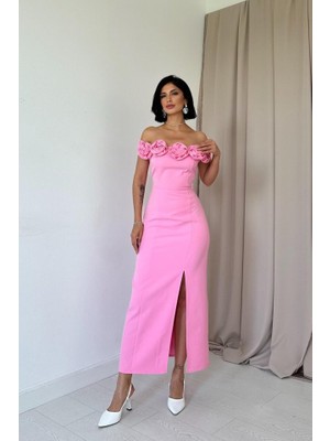 Modavera Pembe Madonna Yaka Güllü Elbise