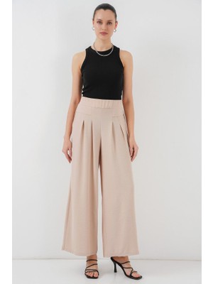 Modavera Geniş Paça Pileli Pantolon 6718 - Krem