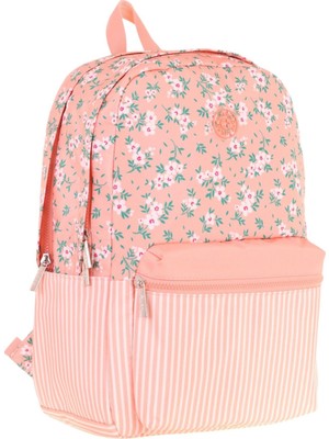 Kaukko Soft Floral Kız Çocuk Üç Bölmeli Somon Çiçek ve Çizgi Desenli Okul Sırt Çantası - K1795