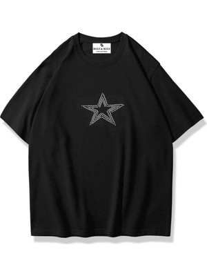 Unisex Oversize Star Stroke Taş Baskılı T-Shirt