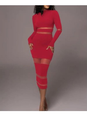 Kadın Şerit Transparan Detay Fırsat Ürün Midi Boy Elbise