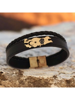 Archin Asker Kafatası Temalı 14 Ayar Altın Plakalı Siyah Derili Türkiye Haritalı Hediye Bileklik-449SEMBOL