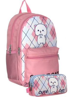 Cennec UMT5024+UMT5026 Sırt Çantası ve Kalemlik Seti (Beyaz Pembe - Love Cute Cat - Kız Çocuk)