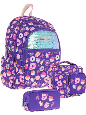 Kaukko Kids Kız Çocuk - Mor Pullu Şekerleme Desenli - Okul Çanta Seti (Sırt Çantası+Beslenme Çantası+Kalemlik)
