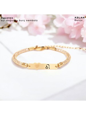 Archin Ağustos Ayı Doğumları İçin 14 Ayar Altın Plakalı Hasır Kordonlu Kalp Motifli Hediye Bileklik-457AY