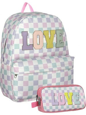 Cennec (Mor Yeşil - Deri Love Yazılı - Kız Çocuk) Okul Sırt Çantası ve Kalem Çantası Seti - SETUMT5084C