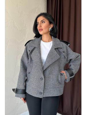 Modavera Gri Çizgili Deri Garnili Ceket