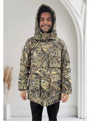 Avcılık Saz Desen Baskılı Rüzgar Su Geçirmez Çıkma Kapüşonlu Çok Cepli -45°c Soğuk Iklim Kaban Mont
