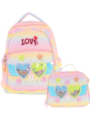 Kaukko Kids Dört Bölmeli Okul Çantası ve Beslenme Çantası Seti - Simli Kalp ve Çiçek Detaylı - Kız Çocuk (L5213+L7213)