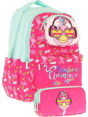 Kaukko Kids Toys Kız Çocuk Kırmızı Yeşil 3D Flamingo Şekilli Ilkokul Çantası ve Kalemlik Seti (L5235+L8235)