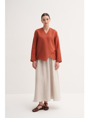 Zesyna Kiremit %100 Keten V Yaka Asimetrik Bluz