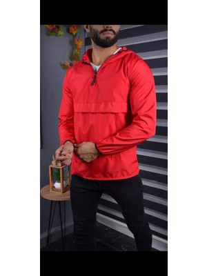 Erkek Siyah Fermuarlı Kanguru Cepli Yağmurluk