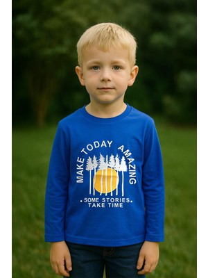 Erkek Çocuk %100 Pamuk Baskılı Uzun Kollu Tişört - Saks  (3-4 Yaş 8-9 Yaş)