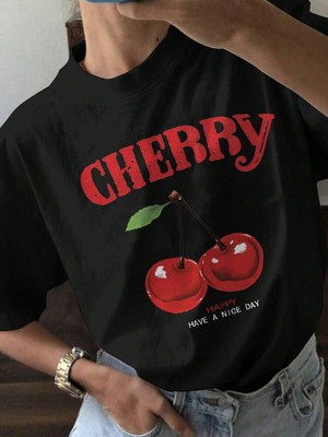 Kadın Oversize Happy Cherry T-Shirt