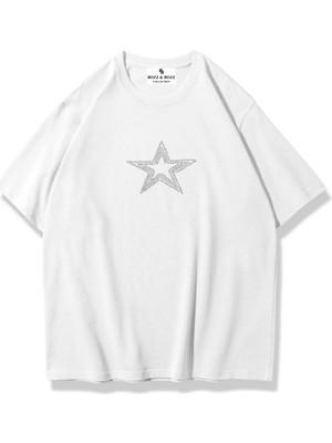 Unisex Oversize Star Stroke Taş Baskılı T-Shirt