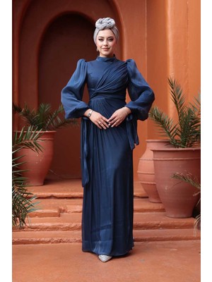 Drape Detaylı Lacivert Tesettür Abiye Elbise 52285L