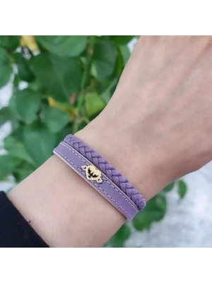 Archin Kral Kartal Temalı 14 Ayar Altın Plakalı Doğal Mor Derili Kalp Motifli Hediye Bileklik-453SEMBOL