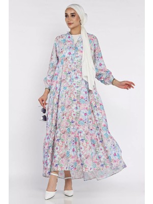 Bilek Lastikli Ön Düğme Detaylı Desenli Yazlık Tesettür Elbise P-00017805