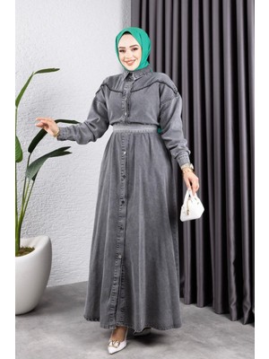 Kadın Düğmeli Kuşaklı Kot Tesettür Elbise
