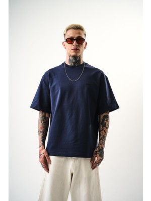 Erkek Respire Yazı Detaylı Oversize T-Shirt Indigo