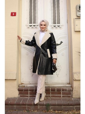 Kadın Kürklü Panzot Deri Kaban