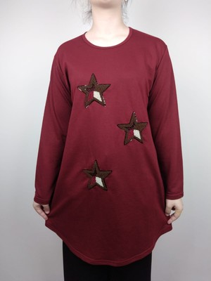 Kadın Bordo Bisiklet Yaka Uzun Kollu Yıldız Işlemeli Iki Iplik Tunik