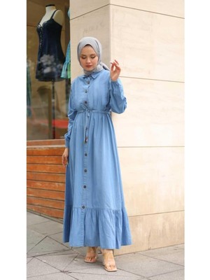 Kadın Düğmeli Belden Sıkmalı Kot Elbise