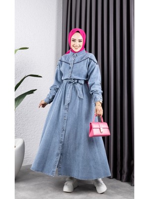 Kadın Düğmeli Kuşaklı Kot Tesettür Elbise