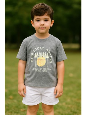 Luess Erkek Çocuk %100 Pamuklu Baskılı Kısa Kollu Tişört - Gri Melanj  (3-4 Yaş 8-9 Yaş)