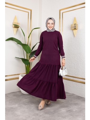 Kadın Kat Kat Ribanalı Mor Tesettür elbise