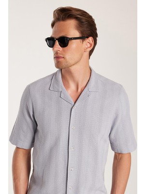 Tudors Erkek Regular Fit Klasik Kesim Oversize %100 Pamuk Keten Efekt Kısa Kollu Spor Apaş Yaka Gri Gömlek