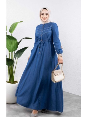 Kadın Belden Sıkmalı Cepli Kot Elbise