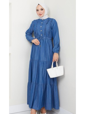 Kadın Düğme Detaylı Fırfırlı Kot Elbise