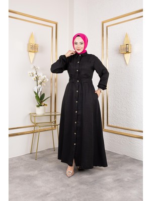 Kadın Cep Detaylı Düğmeli Bel Lastikli Siyah Elbise