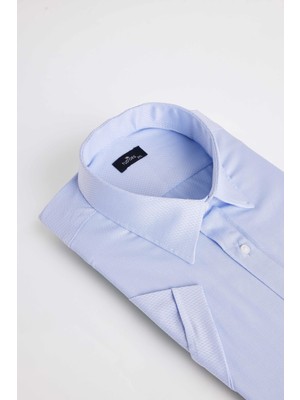 Tudors Erkek Big Size Büyük Beden Kısa Kollu Pamuklu Tek Cepli Armürlü Açık Mavi Gömlek