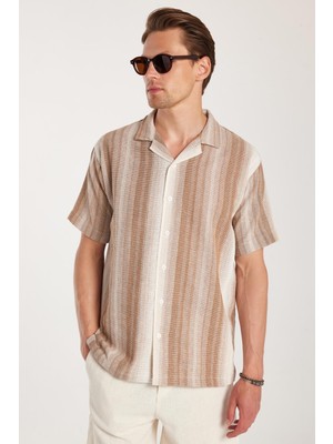 Relax Fit Oversize Dökümlü Rahat Kalıp Çizgili Keten Efekt Erkek Gömlek