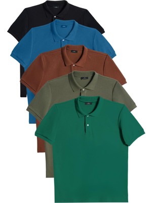 Erkek 5'li Paket Yeşil-Haki-Kahverengi-Mavi-Siyah Slim Fit Dar Kesim Pamuklu Düz Pike Polo Yaka Tişört