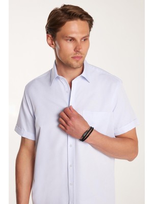 Erkek Regular Fit Klasik Kesim kısa Kollu Pamuklu Tek Cepli Armürlü Açık Mavi Gömlek