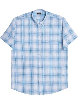 Erkek Regular Fit Klasik Kesim %100 Pamuk Keten Doku Cepli Kareli Kısa Kollu Düğmeli Yaka Gömlek