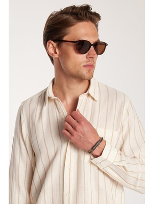 Regular Fit Keten Görünüm Pamuklu Çizgili Dökümlü Rahat Cepli Spor Gömlek