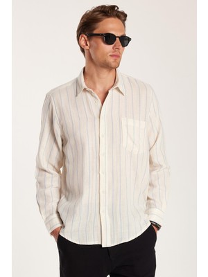 Tudors Regular Fit Klasik Kesim Oversize Keten Görünüm Pamuklu Çizgili Dökümlü Rahat Cepli Spor Gömlek