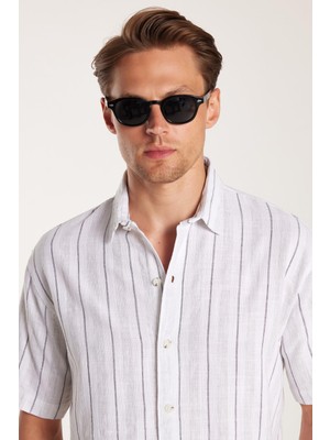Relax Fit Oversıze Pamuklu Keten Efekt Çizgili Özel Tasarım Erkek Gömlek