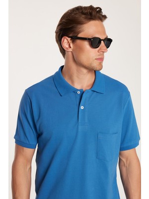 Erkek Regular Fit Klasik Kesim %100 Pamuk Düz Pike Indigo Polo Yaka Tişört