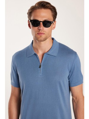 Erkek Slim Fit Dar Kesim Pamuklu Örme Triko Fermuarlı Indigo polo Yaka Tişört