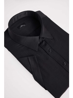 Tudors Erkek Big Size Büyük Beden Kısa Kollu Pamuklu Tek Cepli Armürlü Siyah Gömlek