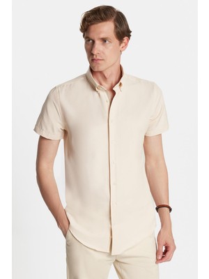 Erkek Slim Fit Dar Kesim Kısa Kollu Spor Yaka Oxford Doku Pamuklu bej Gömlek