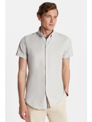 Erkek Slim Fit Dar Kesim Kısa Kollu Spor Yaka Oxford Doku Pamuklu Gri Gömlek