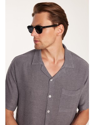Tudors Erkek Relax Fit Apaş Yaka Rustik Kumaş Rahat Kesim Cepli Kısa Kol Gri Gömlek
